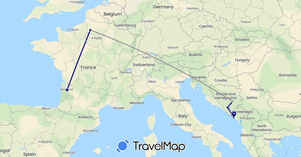 TravelMap itinerary: driving, plane in Bosnia and Herzegovina, France, Montenegro (Europe)